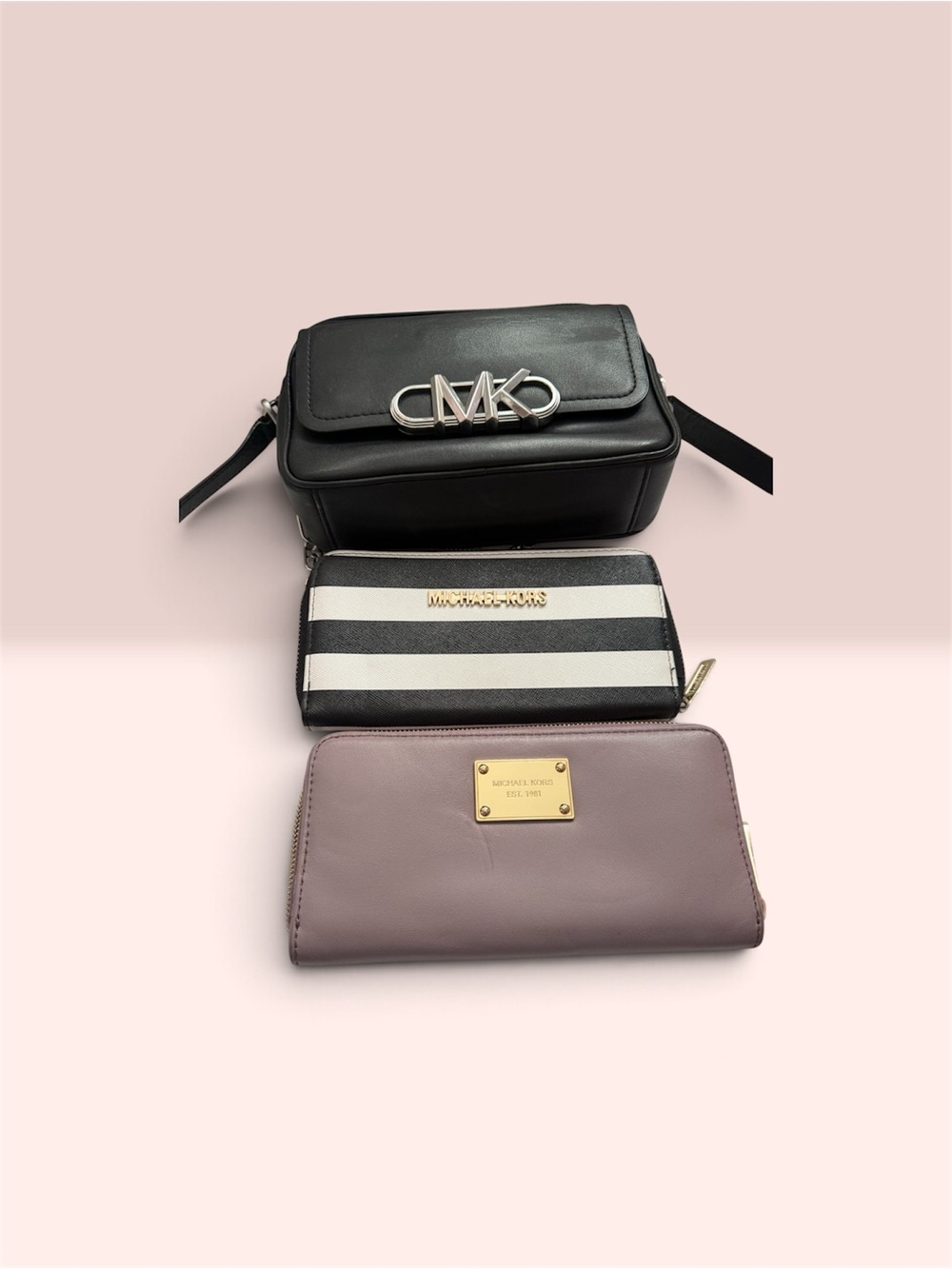 Michael Kors Black Crossbody Bag with Striped Wallet and Purple Wallet Set